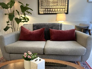 A calm psychotherapy room with a grey sofa, red cushions, soft lighting, plants, and a coffee table, creating a warm and welcoming therapy space.